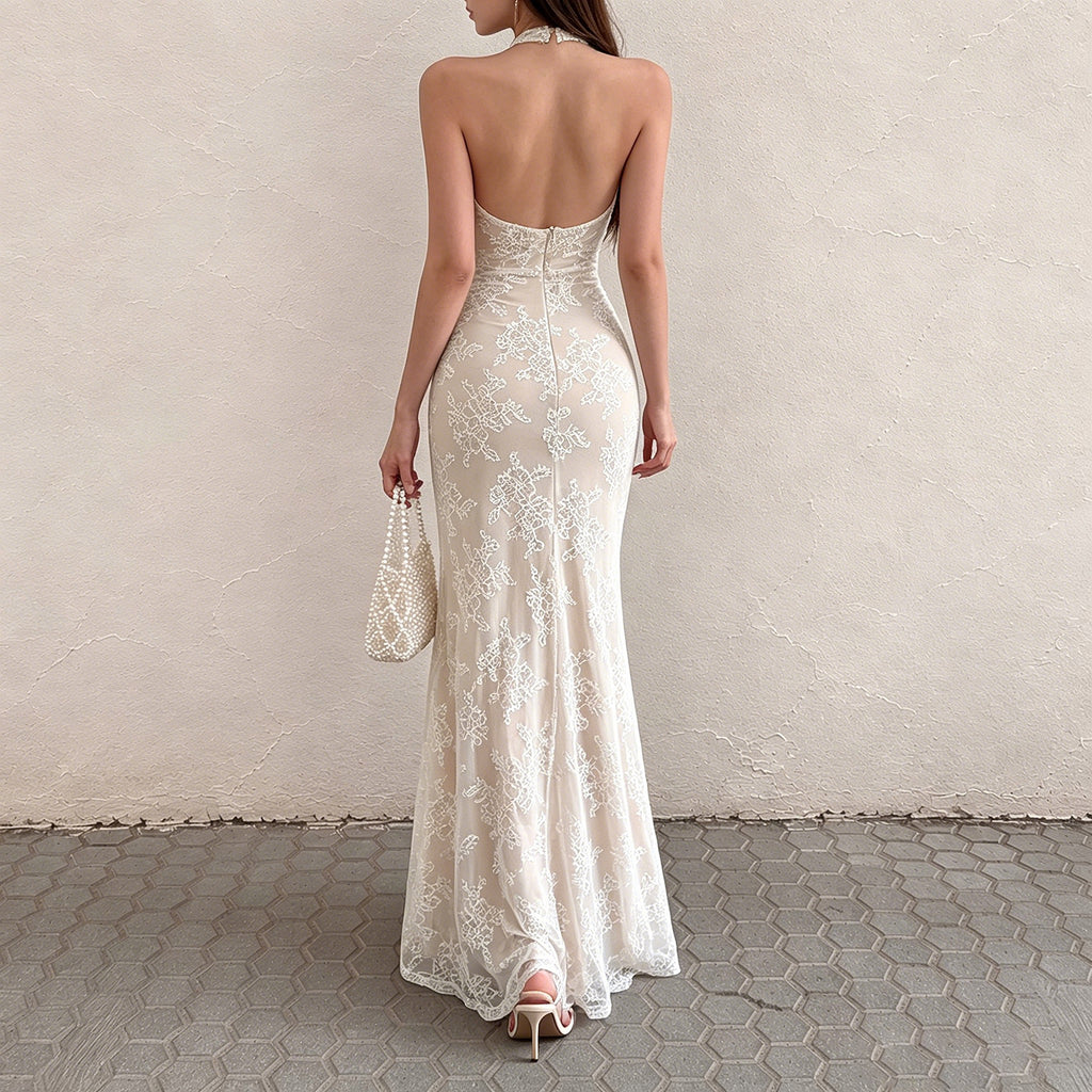 Women's Lace-Trim Halter Backless Maxi Dress