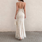 Women's Lace-Trim Halter Backless Maxi Dress