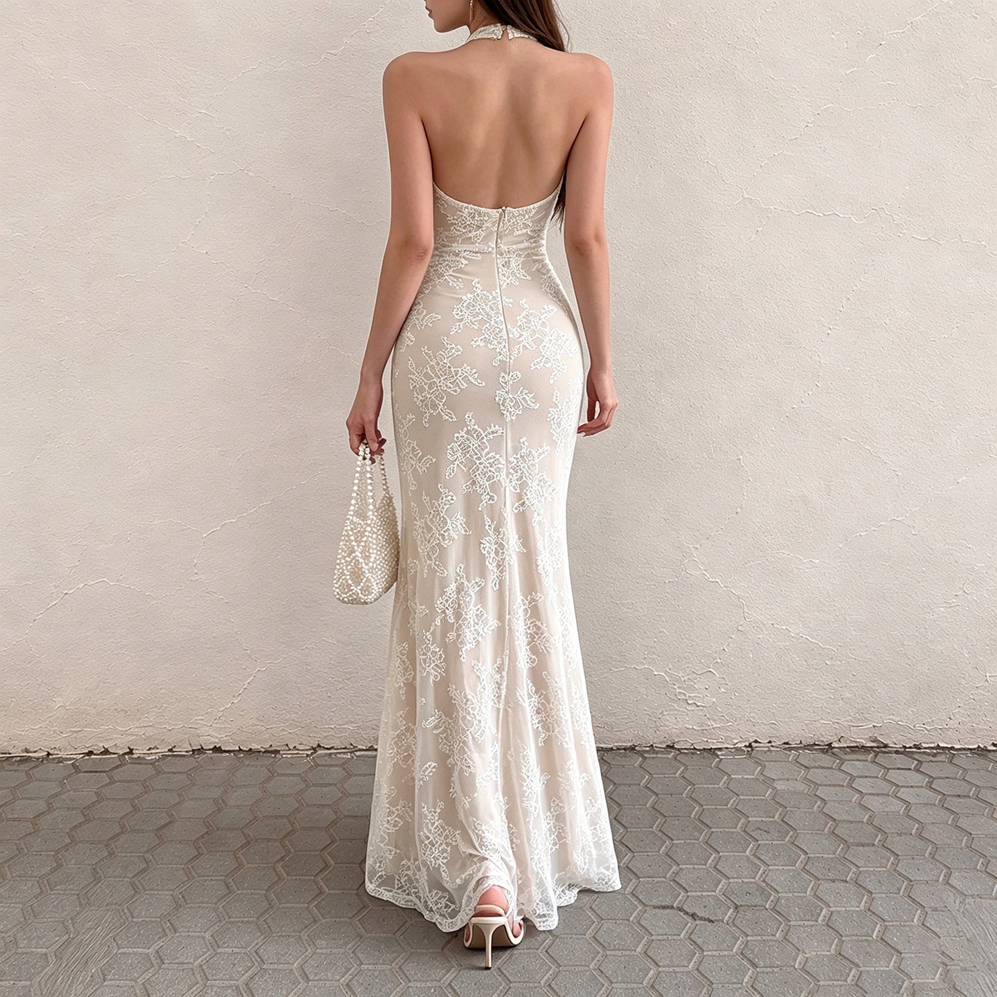 Women's Lace-Trim Halter Backless Maxi Dress