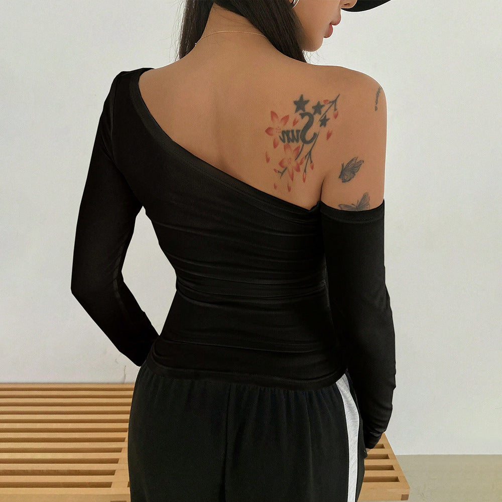 Women’s Black Asymmetric Off Shoulder Long Sleeve Top