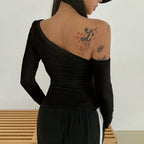 Women’s Black Asymmetric Off Shoulder Long Sleeve Top