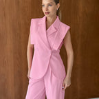 Pink Gentle Sleeveless Collar Loose Fitting Waistcoat High-Waisted Pocket Wide Leg Pants Summer Casual Set