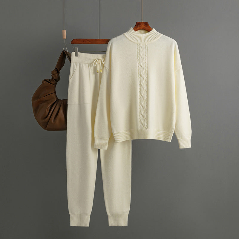 Autumn Winter Half Turtleneck Twist Knitting Suit Casual Sweater Pullover Two-Piece Set