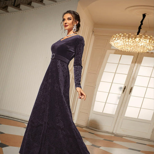 Sexy V neck Long Sleeve High Waist Lace up Velvet Elegant Dress