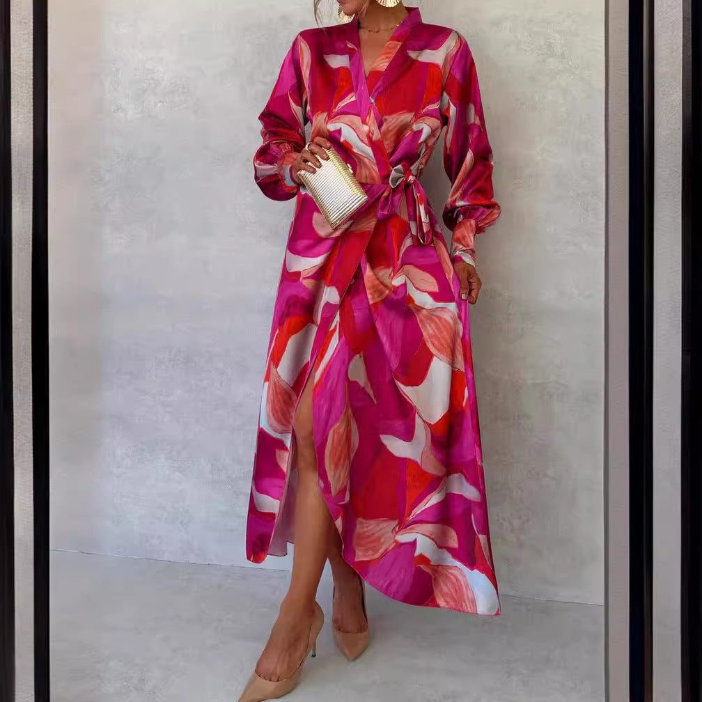 Printed V-Neck Long-Sleeve Slit Dress