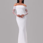 Women's Off-Shoulder Sequin Mesh Ruched Long-Sleeve Maxi Dress