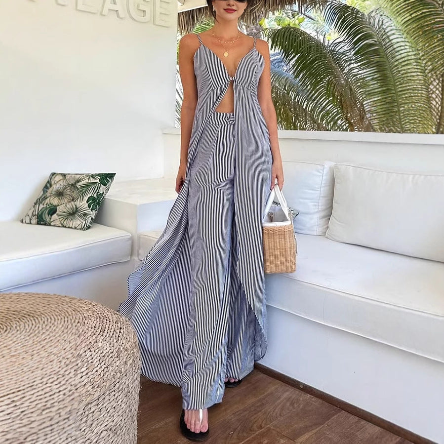 Sleeveless Striped Spaghetti Straps Top with Striped Trousers Two Piece Sets