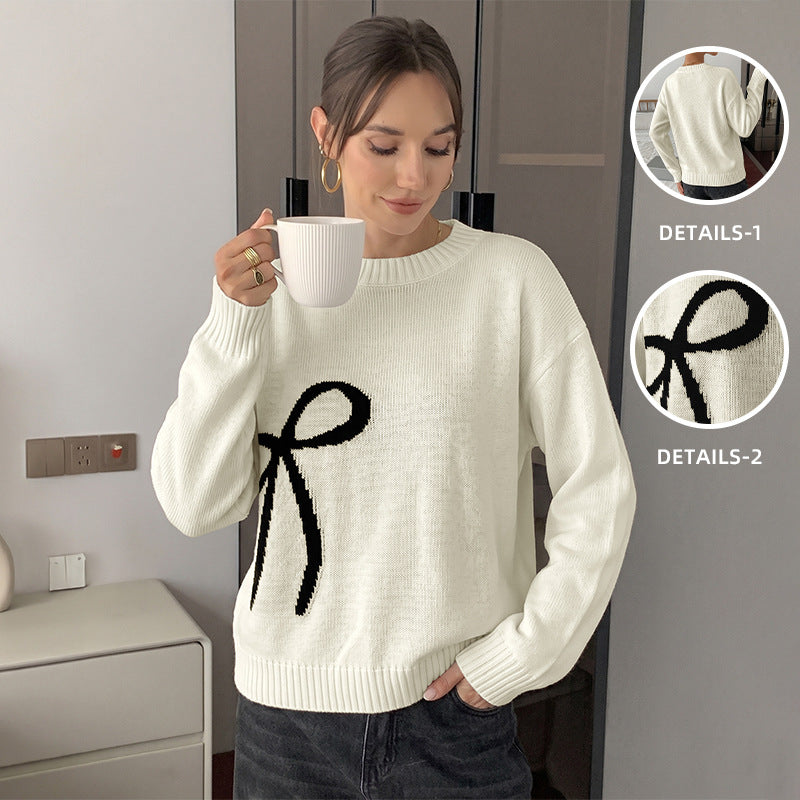 Korean Gentle Asymmetric Bow Brocade Sweater Women
