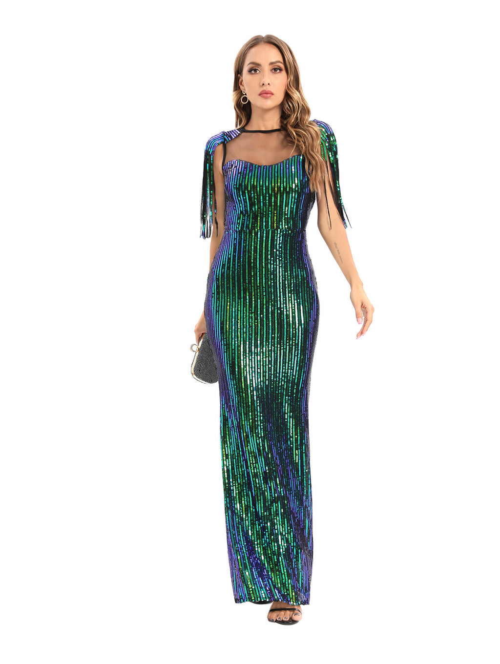 Women's Green Sequin Fringe Bodycon Evening Maxi Dress