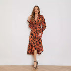 Floral V-Neck Long-Sleeve Tiered A-Line Midi Dress