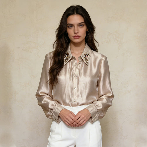Women's Casual Loose Diamond-Studded Design Shirt For Women Spring Lazy Long Sleeve Top