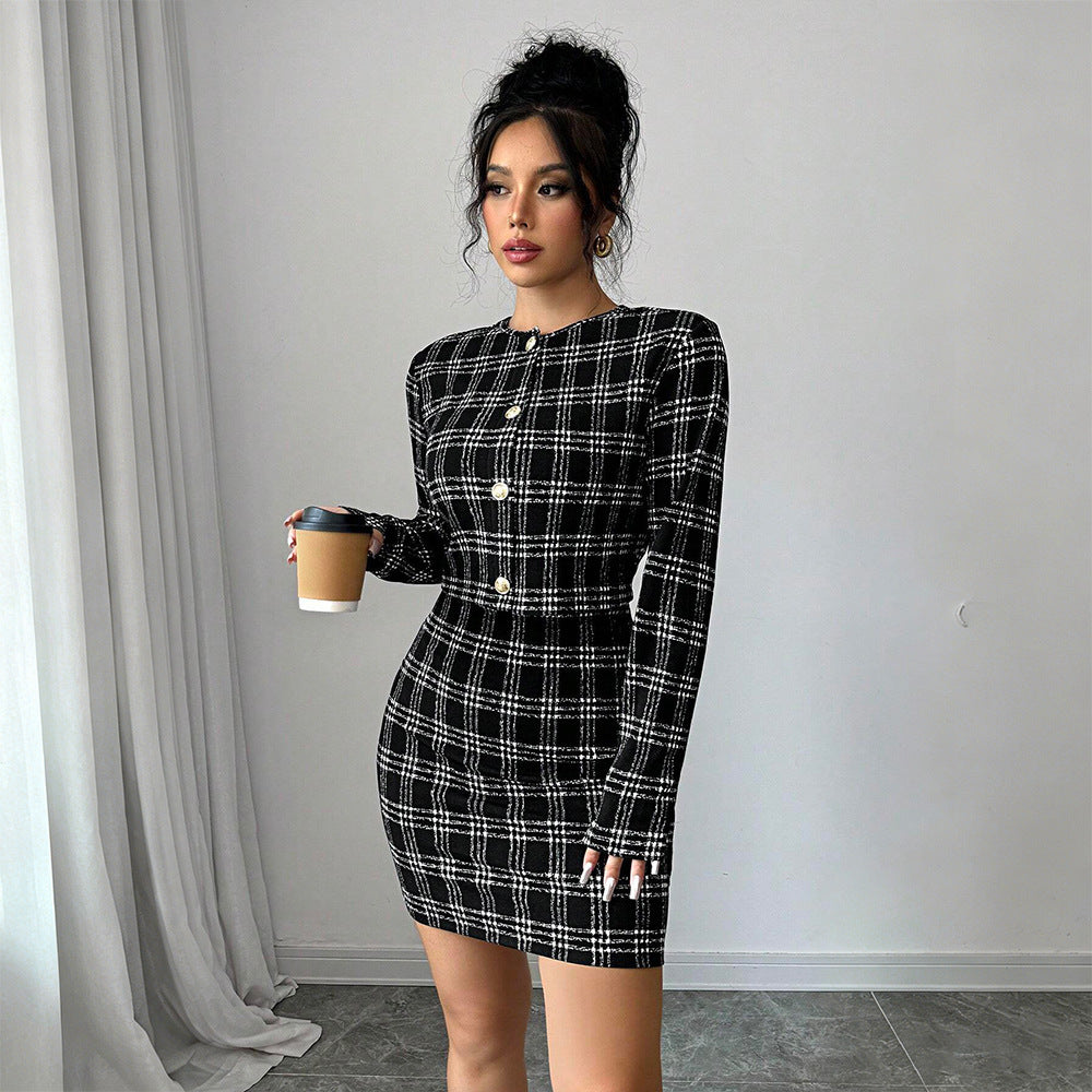 Black White Lattice Pattern Waist Slimming Socialite Sexy