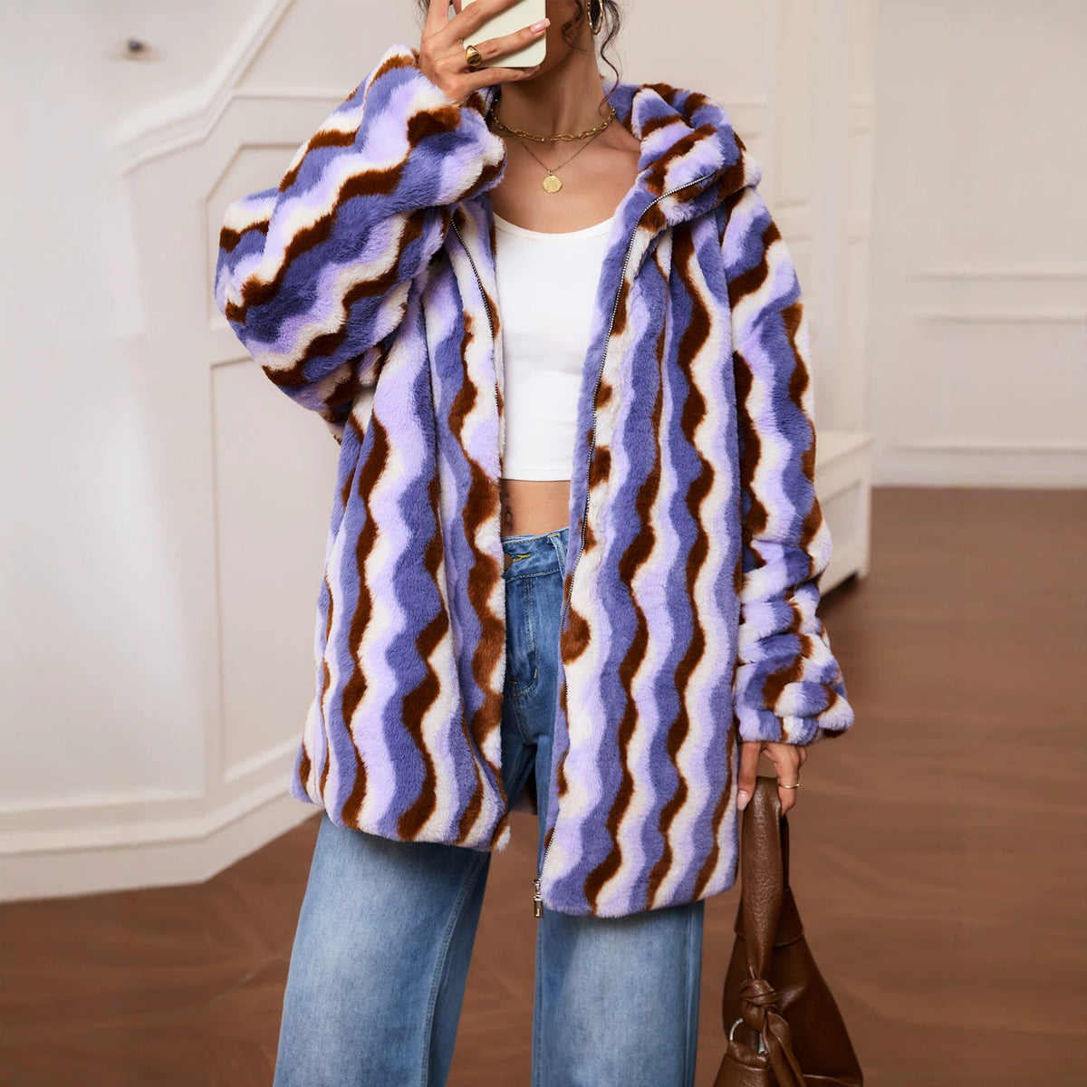 Women's Autumn Winter Women Clothing Plush Jacket Faux Fur Printed Rabbit Fur Warm Coat Overcoat