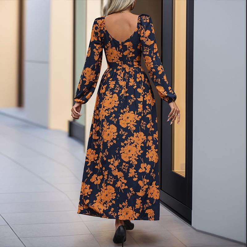 Floral V-Neck Lantern-Sleeve Maxi Dress