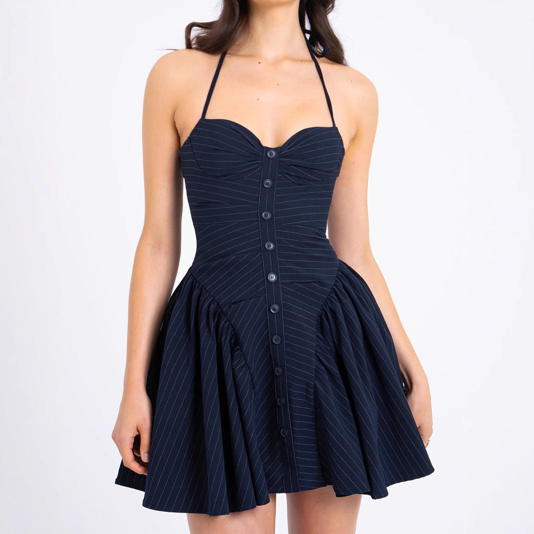 Wear Striped Halter Fitted Waist Backless Dress