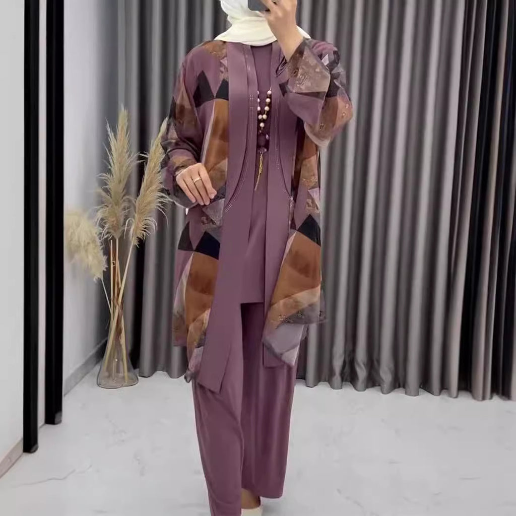 Casual Printed Thin Breathable High-Waist Trousers Lined Coat Three Pieces