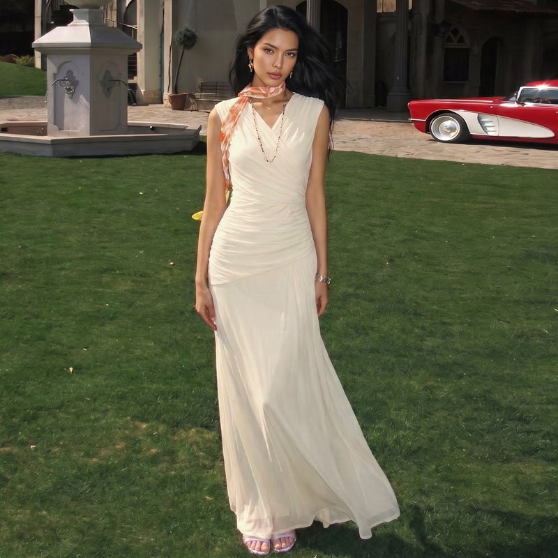 Women's French V-Neck Draped Maxi Dress
