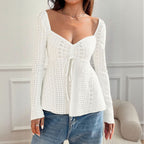 Women’s White Lace Ruched Tie Neck Long Sleeve Top