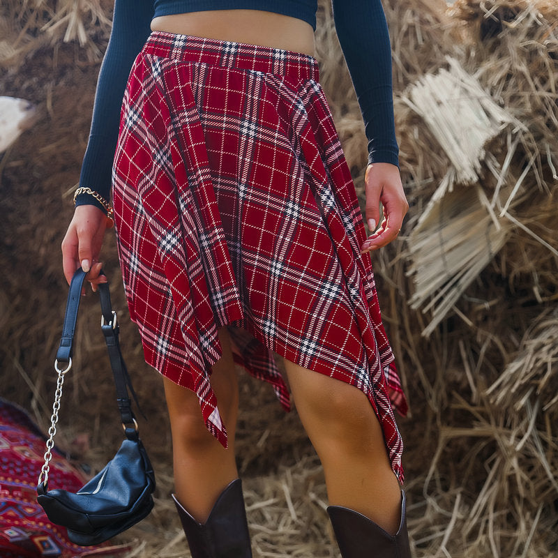 Women's Plaid Asymmetric High-Waist Midi Skirt