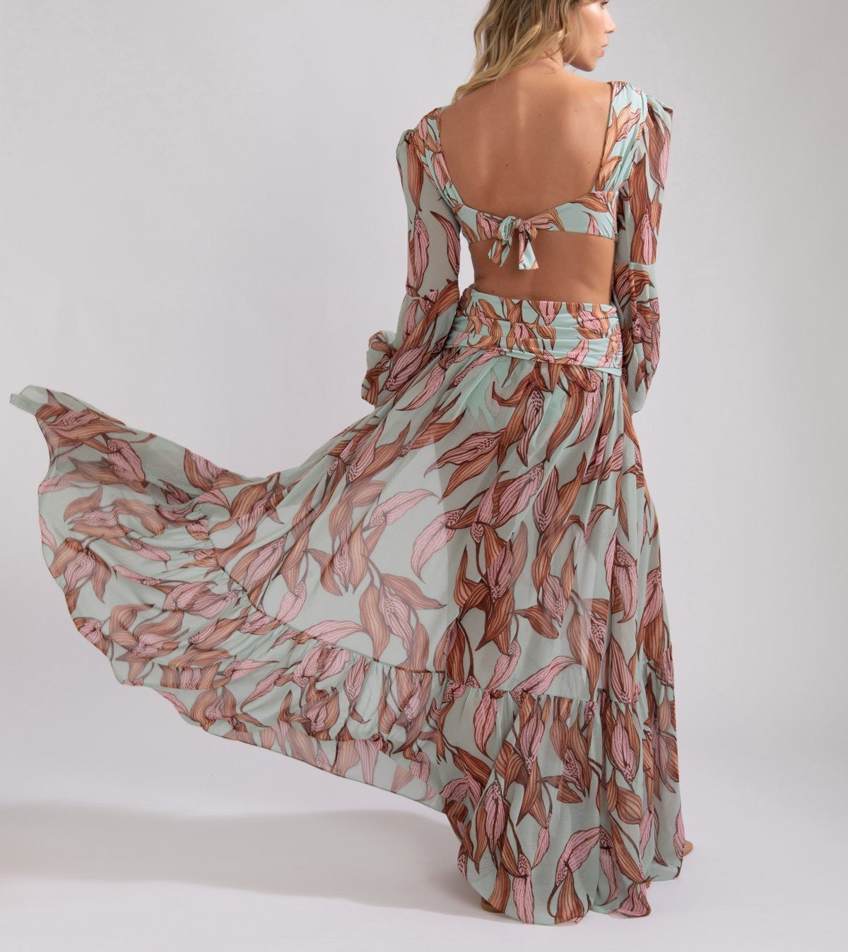 Women's Fashion Sexy Tropical Floral Print Lantern Maxi Long Sleeve V Neck Slit Dress