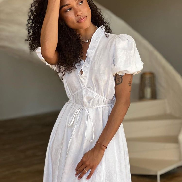 White V-Neck Lace-Up Dress