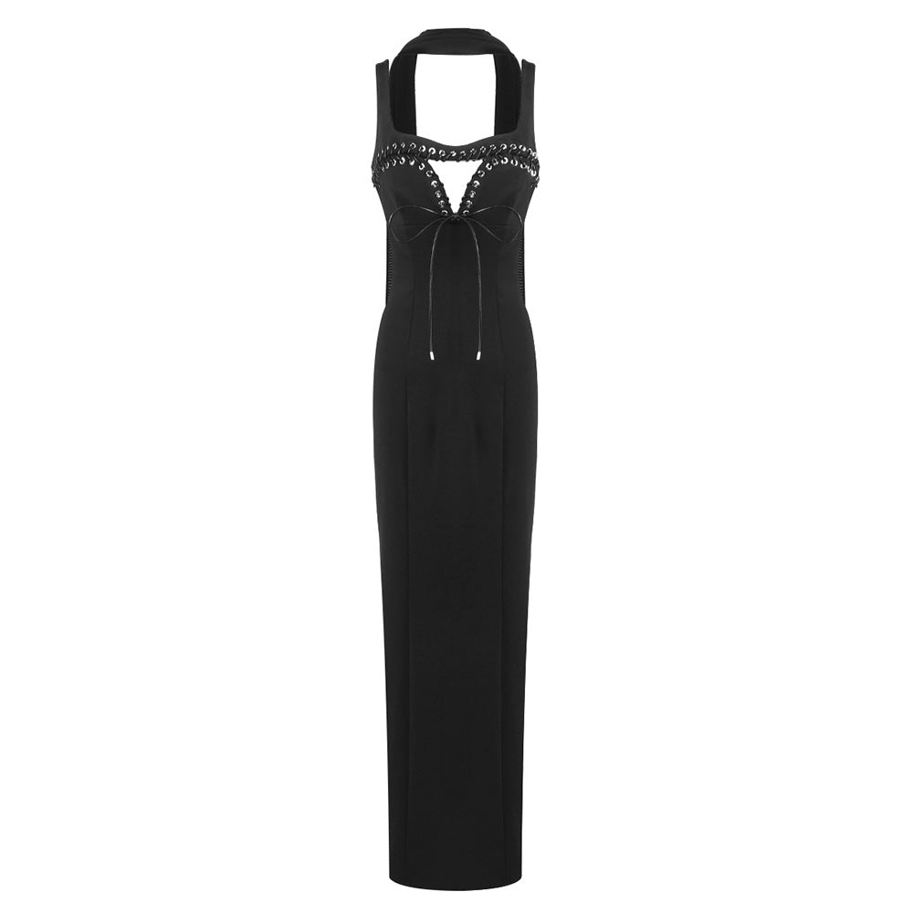 Black sleeveless long dress with diamond inlaid V-neck bodice and keyhole back