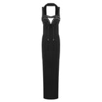 Black sleeveless long dress with diamond inlaid V-neck bodice and keyhole back