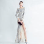 Women's Ostrich Feather Sequin Long Sleeve Fishtail Elegant Evening Dress