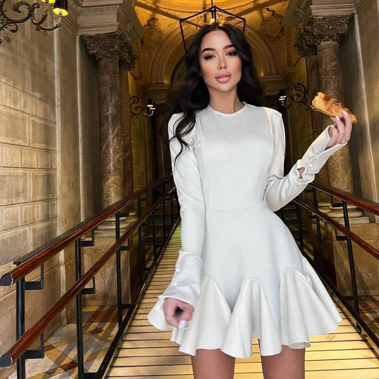 Women's Leather-Detail Long-Sleeve A-Line Dress
