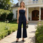 Spring Waist Belt Slim Denim Tube Top Waist Slimming High Waist Wide Legs Jeans Two Piece Sets