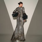Women's Crew-Neck Sequin Fishtail Maxi Evening Dress