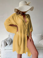 Mustard yellow bamboo cotton cover-up shirt with short sleeves, button front, draped hem.