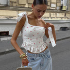 Women's Lace Bow Jacquard Fabric Waist Trimming Printing Cherry Vest