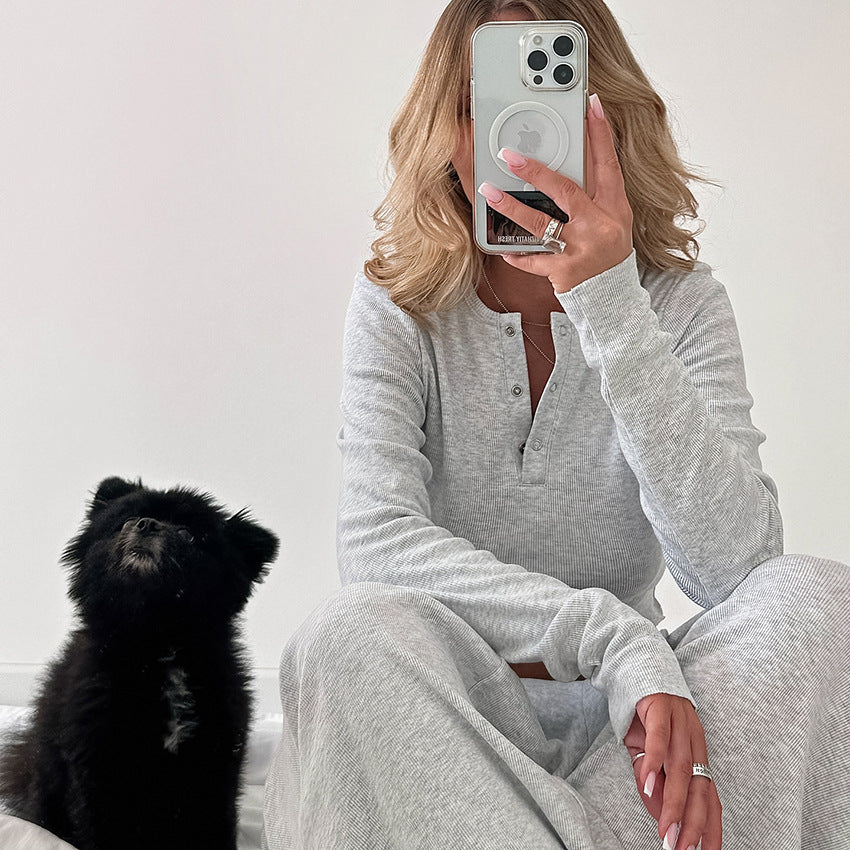Women's Autumn Solid Color Pajamas Home Wear Polyester Cotton Knitted Sunken Stripe Long Sleeve Loose Wide Leg Pants Set