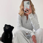 Women's Autumn Solid Color Pajamas Home Wear Polyester Cotton Knitted Sunken Stripe Long Sleeve Loose Wide Leg Pants Set