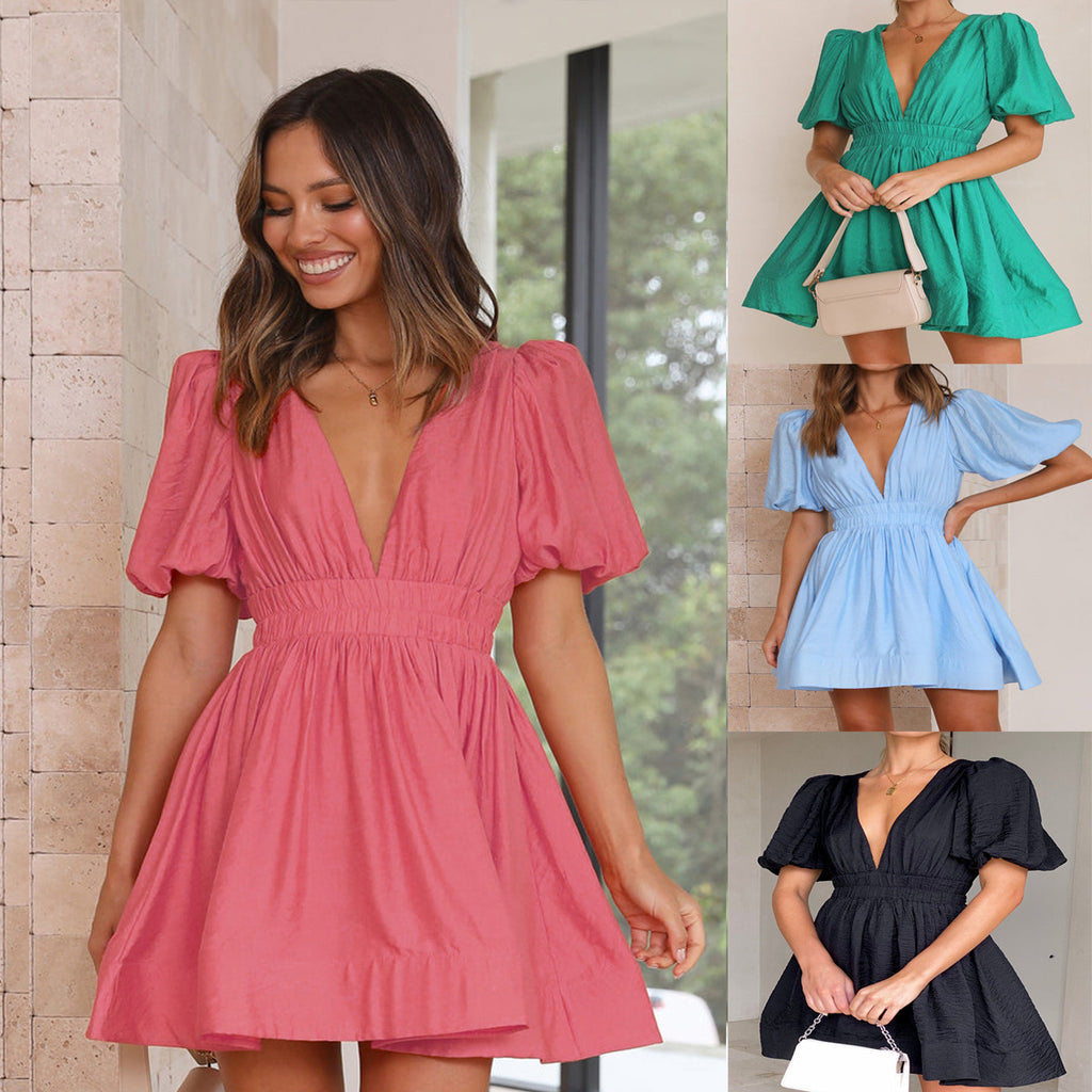 V-Neck Lantern-Sleeve Princess Dress