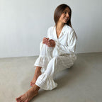 Ruffled Tied Shirt Trousers Two Piece Cotton Collared Long Sleeve Casual Lazy Set for Women
