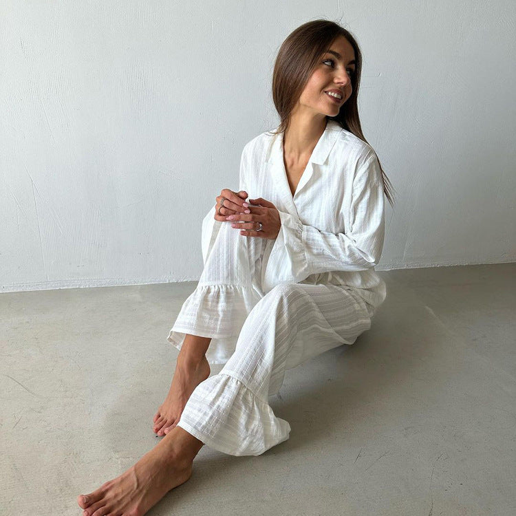 Ruffled Tied Shirt Trousers Two Piece Cotton Collared Long Sleeve Casual Lazy Set for Women