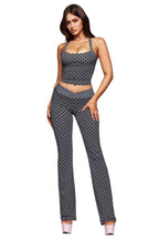 Gray polka-dot halter bra with matching straight-leg pants and wide waistband