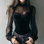 Women's Spring Autumn Arrival Elegant Graceful Mesh Splicing Hollow Out Cutout Flare Sleeve Tie Neck Waist Controlled Top