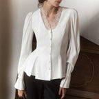 Autumn White V neck Lace Stitching Shirt Women Tight Waist Lotus Leaf Hem Puff Sleeve Long Sleeve French Tup Cardigan