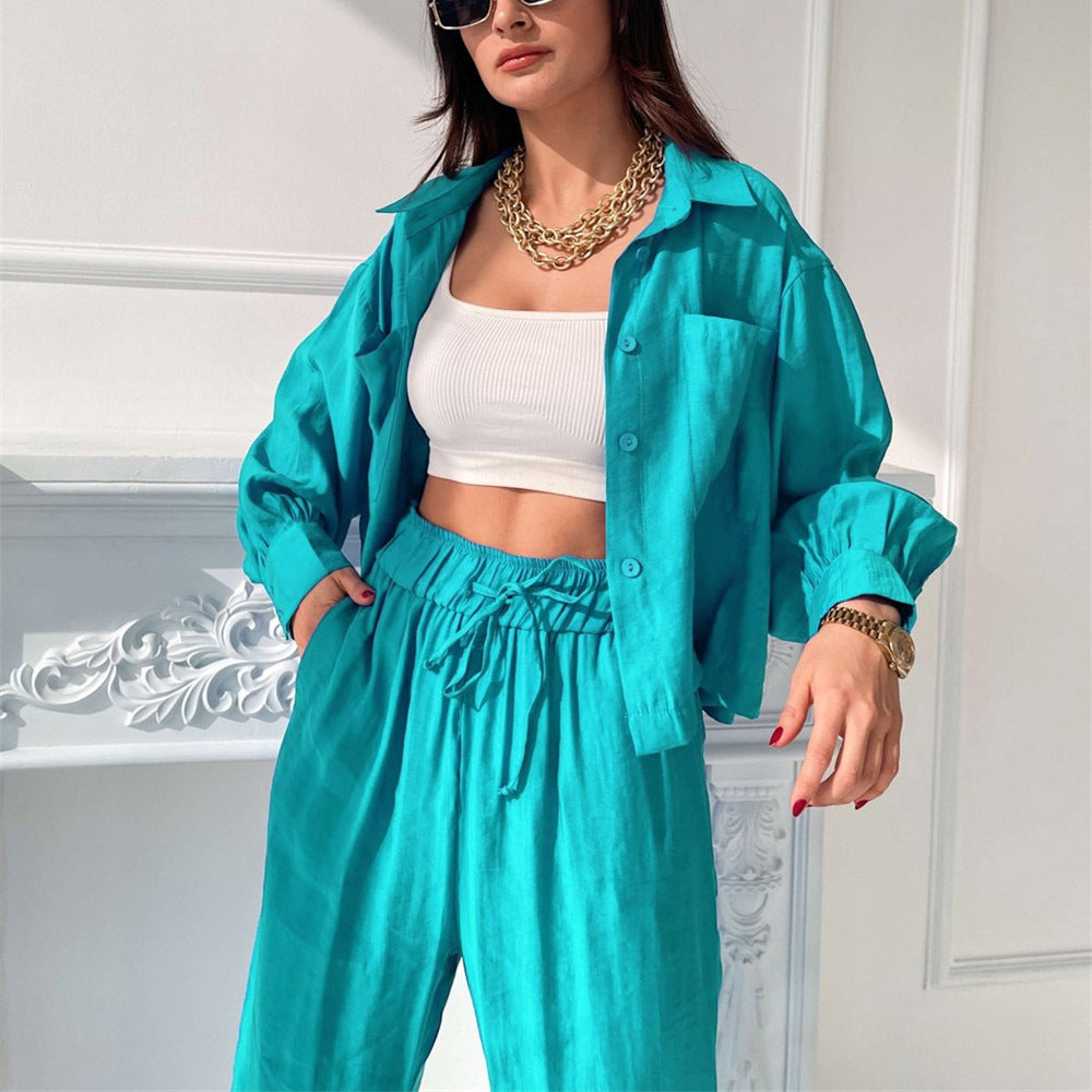 Commuting Spring Summer Polo Collar Shirt Top Split Wide Leg Pants Casual Two-Piece Set