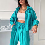 Commuting Spring Summer Polo Collar Shirt Top Split Wide Leg Pants Casual Two-Piece Set