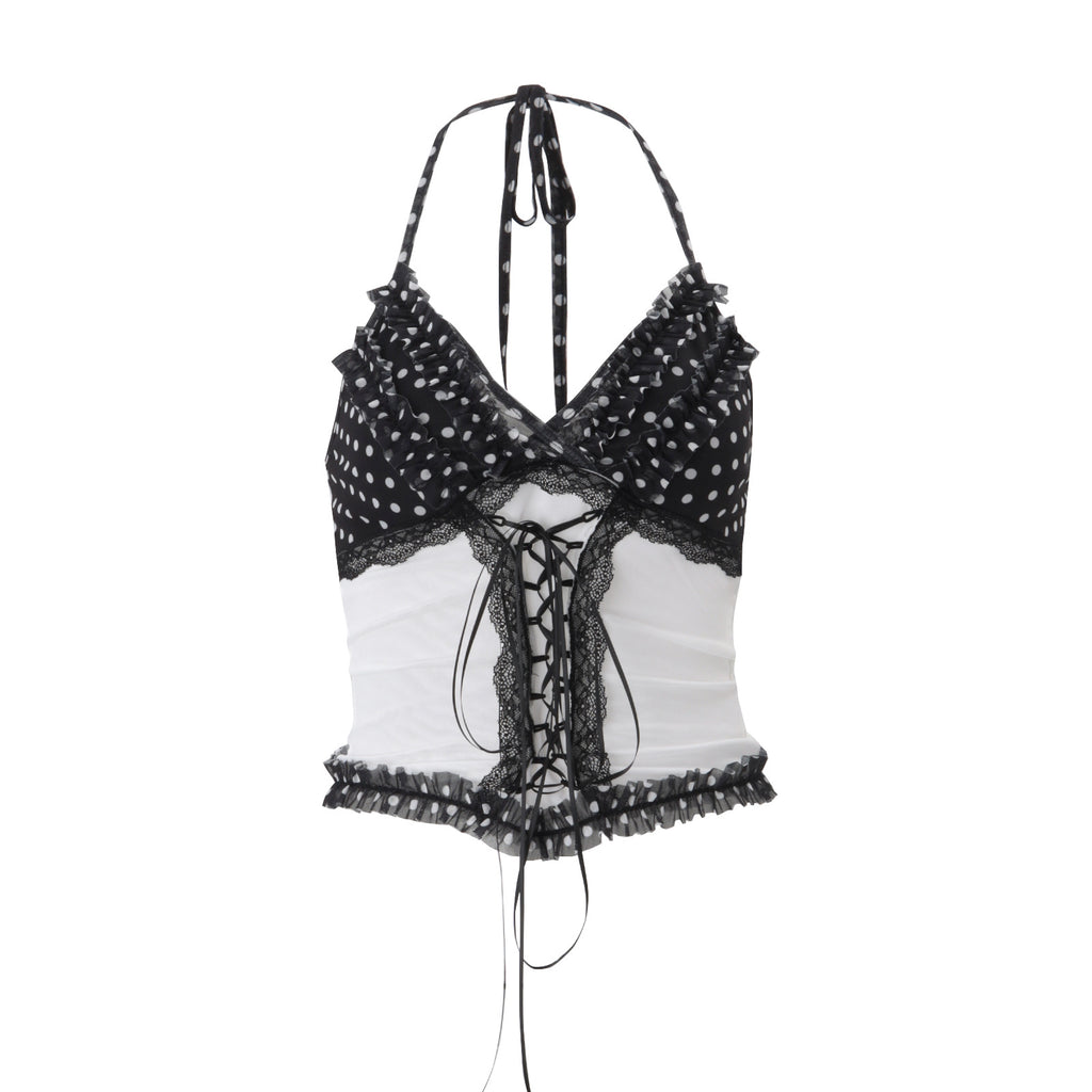 Women's Lace Contrast-Color Halter Backless Top