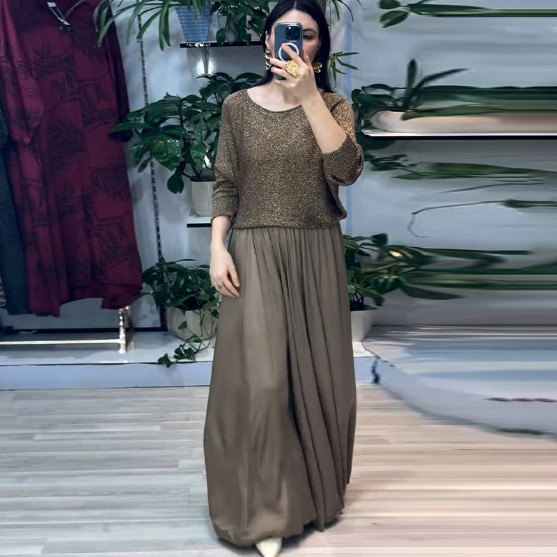 Women's Spring Golden Long Sleeve Top Skirt Two-Piece Set Skirts Set
