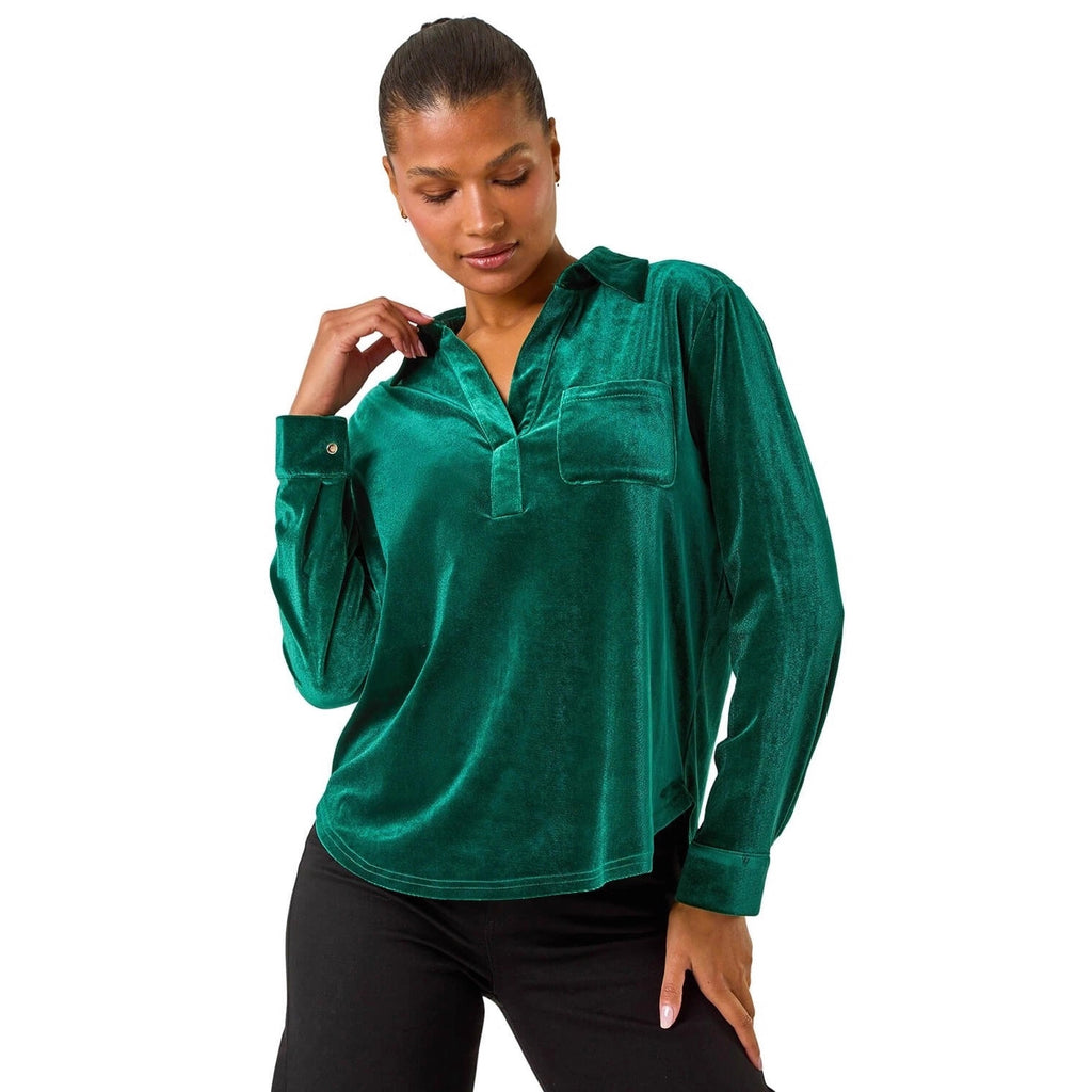 Women’s Black Velvet Collared Long Sleeve Shirt