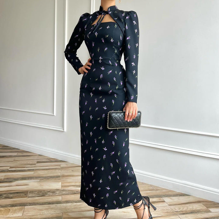 Floral Tie-Neck Slit Bodycon Maxi Dress