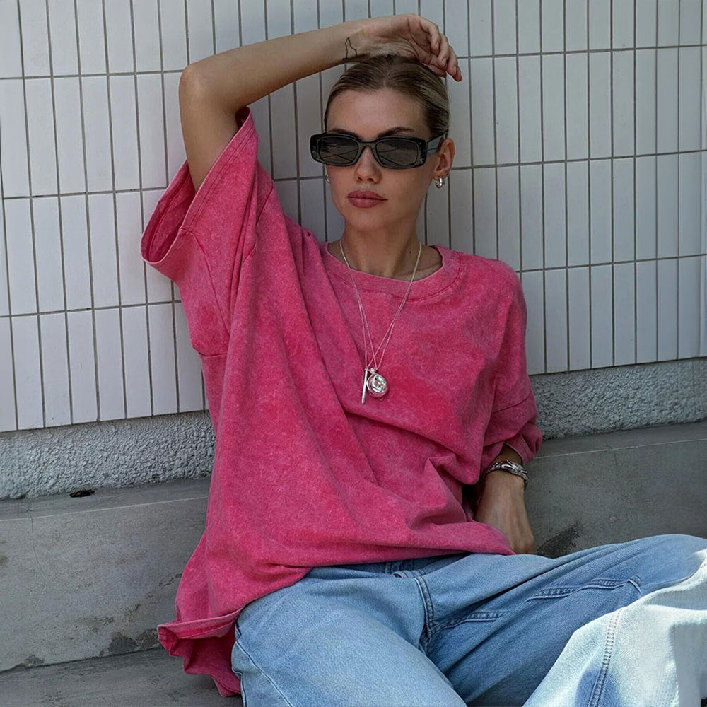 Women's Washed Old Short-Sleeved T-Shirt Relaxed Casual Crew Neck Washed