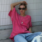 Women's Washed Old Short-Sleeved T-Shirt Relaxed Casual Crew Neck Washed