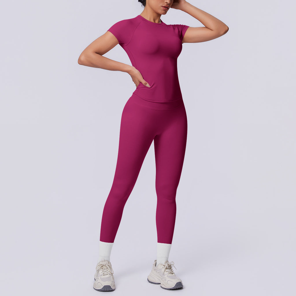 Seamless Knitted Short Sleeved Trousers Solid Color Three Section Waist Peach Hip Breathable Hip Raise Fitness Pants Yoga Set Women